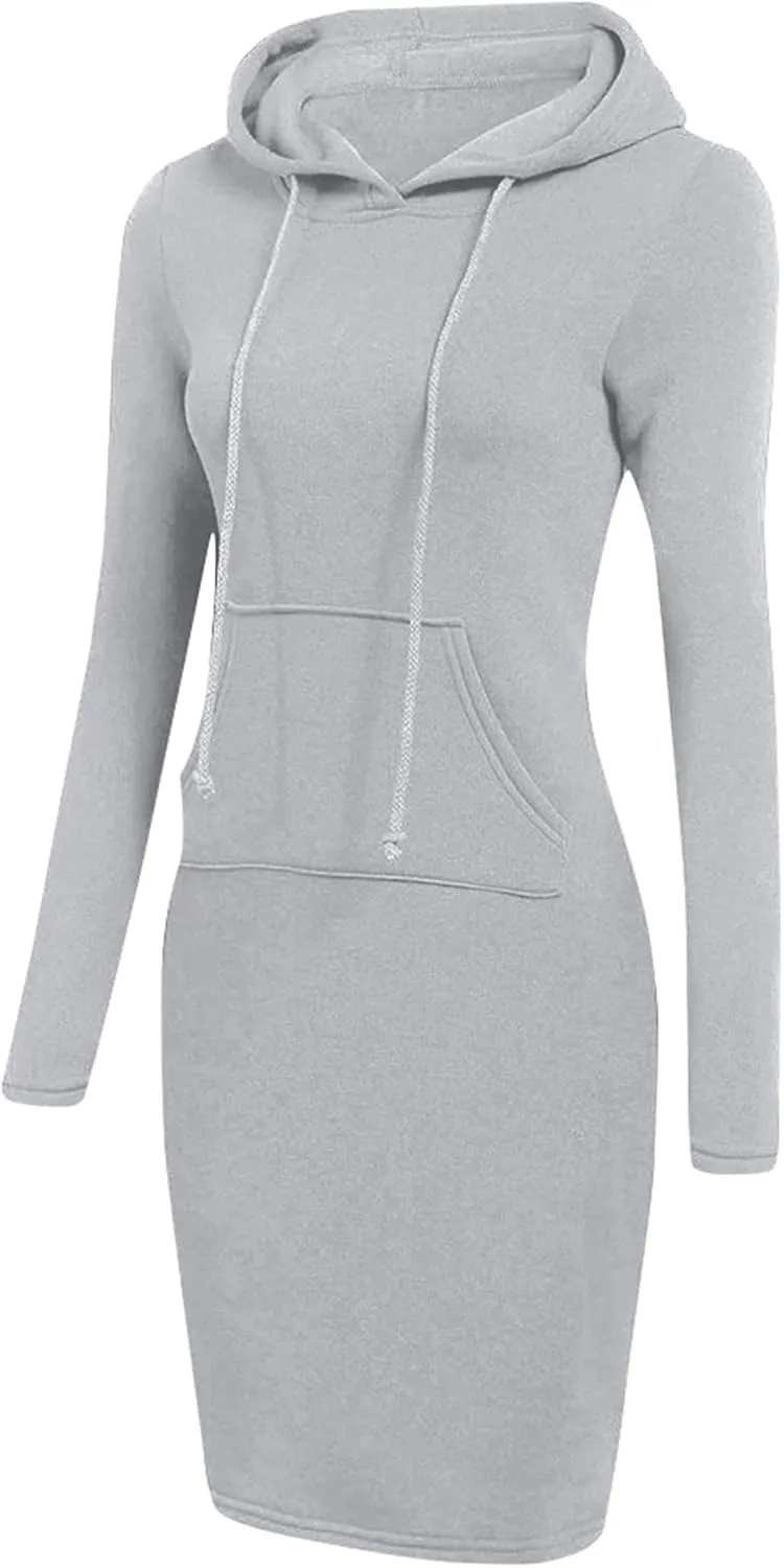 HXHYQKP Hoodie Dress for Women 2025 Fashion Sweatshirt Dress Knee Length Slim Pullover Hoodie Dresses with Pockets