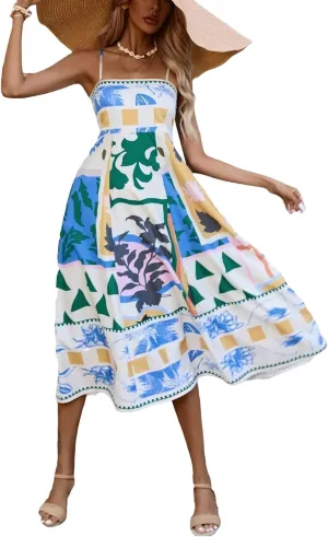 HXHYQKP Long Sundresses for Women 2025 Spaghetti Strap Graffiti Dresses Graphic A Line Swing Long Cami Dress