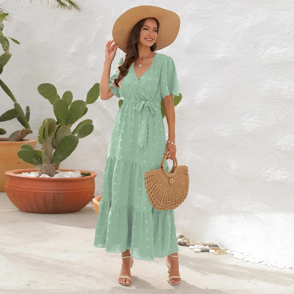 IDOPIP Women Casual Swiss Dot Tiered Maxi Dress with Belt Beach Summer Wedding Guest Sundress Elegant Cocktail Evening Outfit