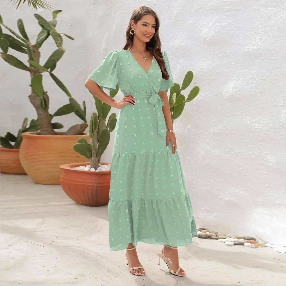 IDOPIP Women Casual Swiss Dot Tiered Maxi Dress with Belt Beach Summer Wedding Guest Sundress Elegant Cocktail Evening Outfit
