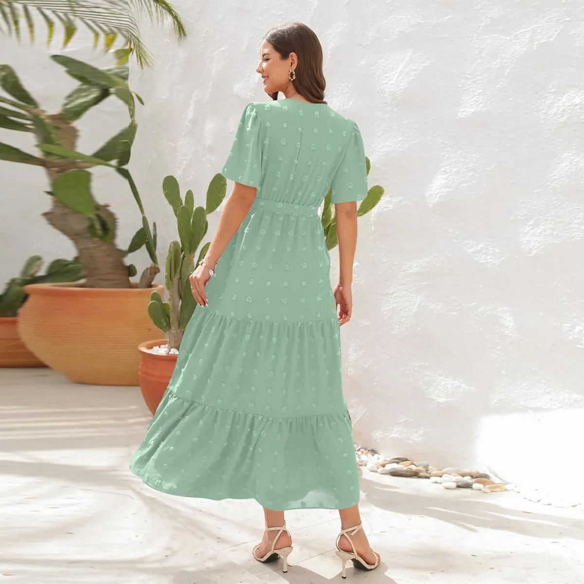 IDOPIP Women Casual Swiss Dot Tiered Maxi Dress with Belt Beach Summer Wedding Guest Sundress Elegant Cocktail Evening Outfit