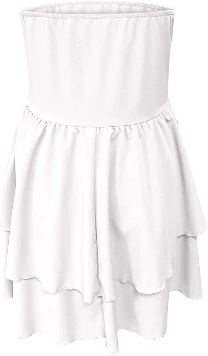 JOAU Women's Sexy Strapless Mini Dress Summer Sleeveless Layered Ruffle A-Line Short Dresses Casual Club Party Tube Top Dress