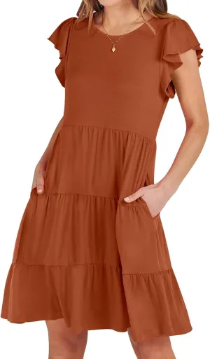 JOAU Women's Summer Dresses 2024 Casual Ruffle Cap Sleeve Crew Neck Mini Dress Loose Fit Tiered Swing A Line Short Dresses