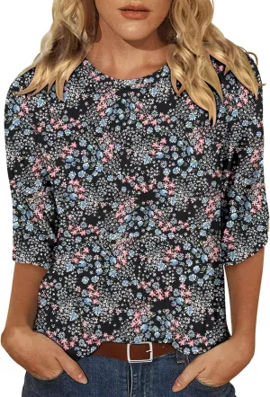 KISSMODA Women's Casual 3/4 Sleeve T-Shirts 2025 V-Neck Tunic Tops Cute Tees Blouses Loose Fit Business Work Tee Top