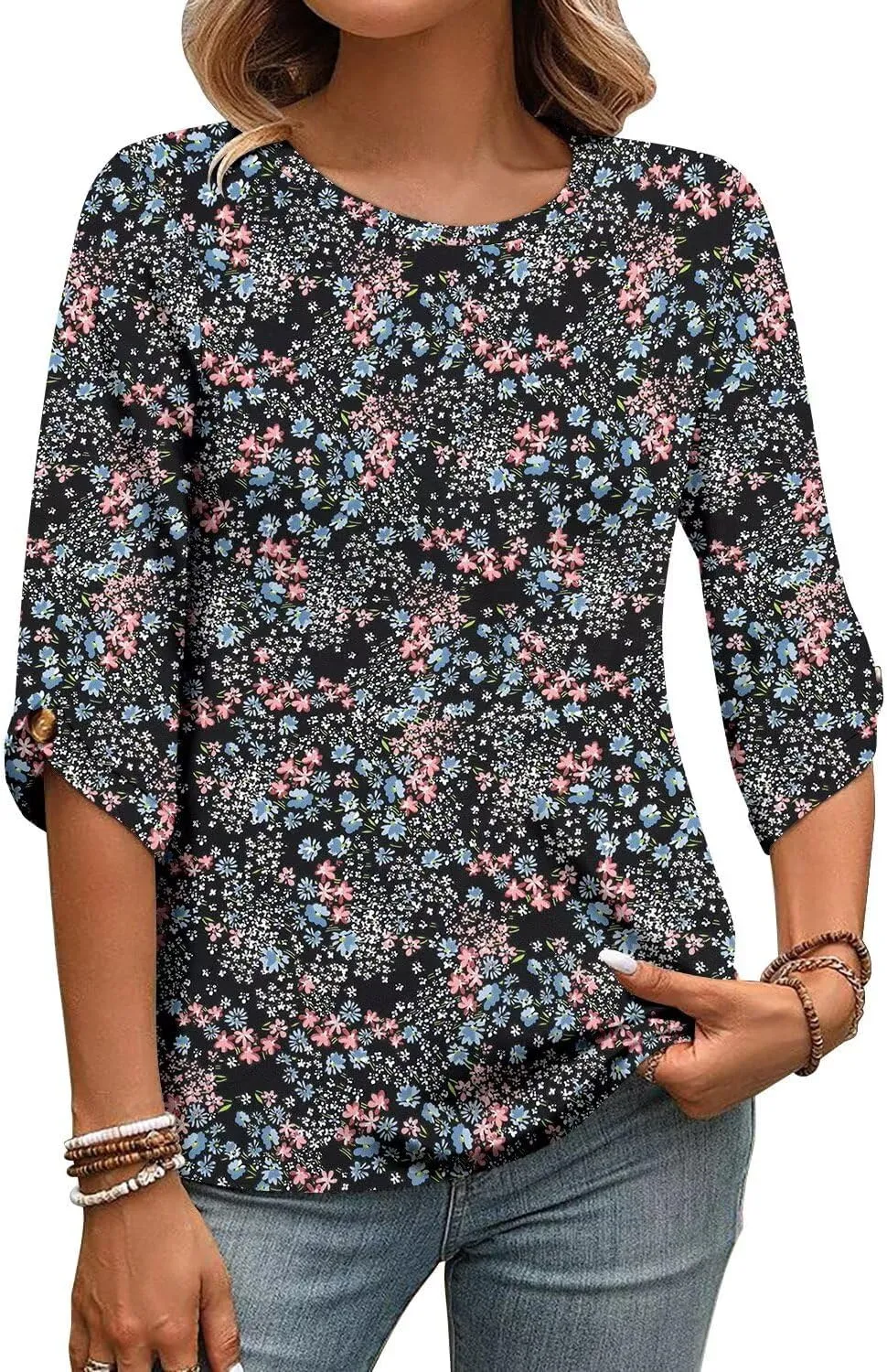 KISSMODA Women's Casual 3/4 Sleeve T-Shirts 2025 V-Neck Tunic Tops Cute Tees Blouses Loose Fit Business Work Tee Top