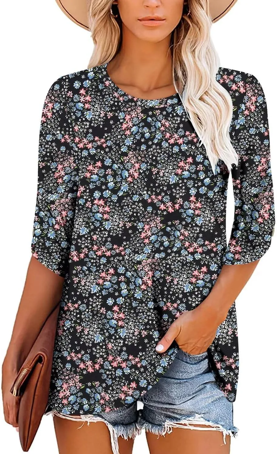 KISSMODA Women's Casual 3/4 Sleeve T-Shirts 2025 V-Neck Tunic Tops Cute Tees Blouses Loose Fit Business Work Tee Top