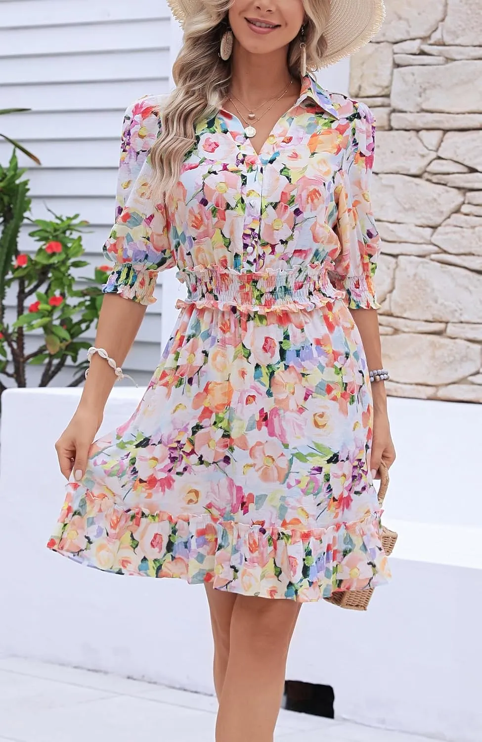 Kormei Women Casual Summer Dress Short Sleeve Button Up V Neck Ruffle A Line Flowy Smocked Skirt Dresses