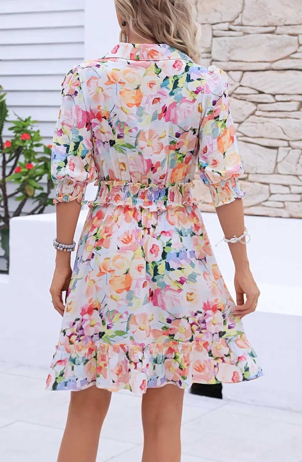 Kormei Women Casual Summer Dress Short Sleeve Button Up V Neck Ruffle A Line Flowy Smocked Skirt Dresses