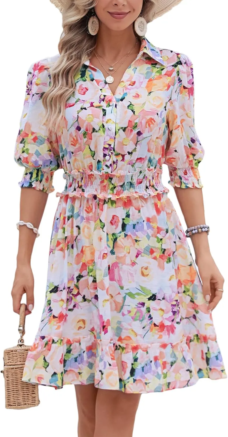 Kormei Women Casual Summer Dress Short Sleeve Button Up V Neck Ruffle A Line Flowy Smocked Skirt Dresses