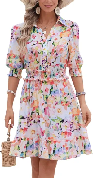Kormei Women Casual Summer Dress Short Sleeve Button Up V Neck Ruffle A Line Flowy Smocked Skirt Dresses