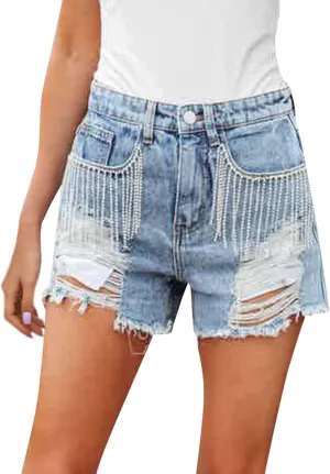 KUIOLYPOER Denim Shorts for Women Women's Summer High Waisted Rhinestone Fringe Ripped Jean Shorts Summer Hot Casual Shorts