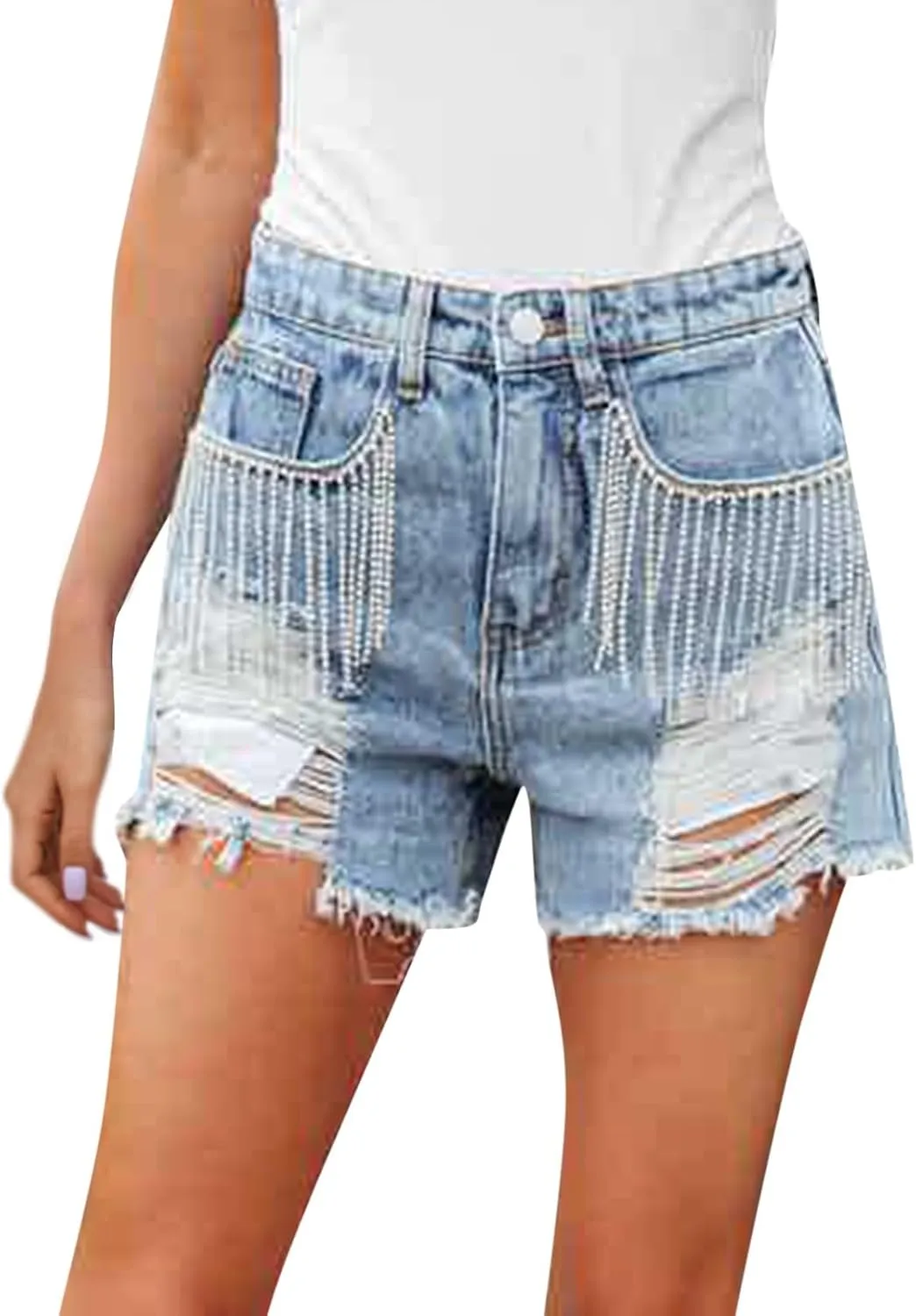 KUIOLYPOER Denim Shorts for Women Women's Summer High Waisted Rhinestone Fringe Ripped Jean Shorts Summer Hot Casual Shorts