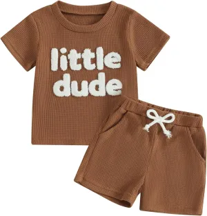 Kupretty Toddler Baby Boy Summer Clothes Embroiderey Waffle Knit Short Sleeve T-Shirt Tees   Casual Shorts Cute Clothing Set