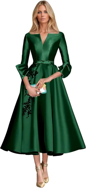 Lace Appliques A-Line Mother of The Bridesmaid Dresses 3/4 Sleeves Slit V-Neck Prom Wedding Party Gowns with Pockets DR0722
