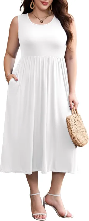 LARACE Women's Plus Size Sleeveless Maxi Dress Casual Crew Neck Pleated Flowy Long Dresses with Pockets L-5XL