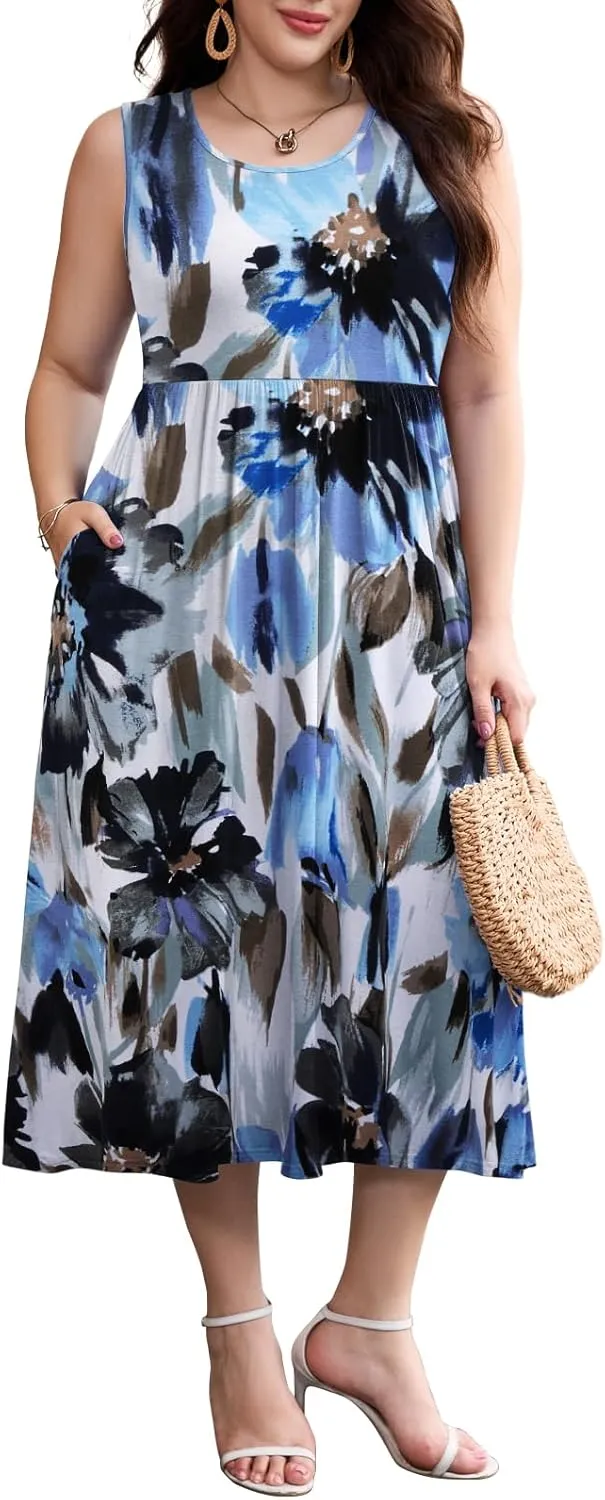 LARACE Women's Plus Size Sleeveless Maxi Dress Casual Crew Neck Pleated Flowy Long Dresses with Pockets L-5XL
