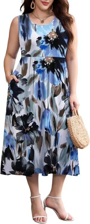 LARACE Women's Plus Size Sleeveless Maxi Dress Casual Crew Neck Pleated Flowy Long Dresses with Pockets L-5XL
