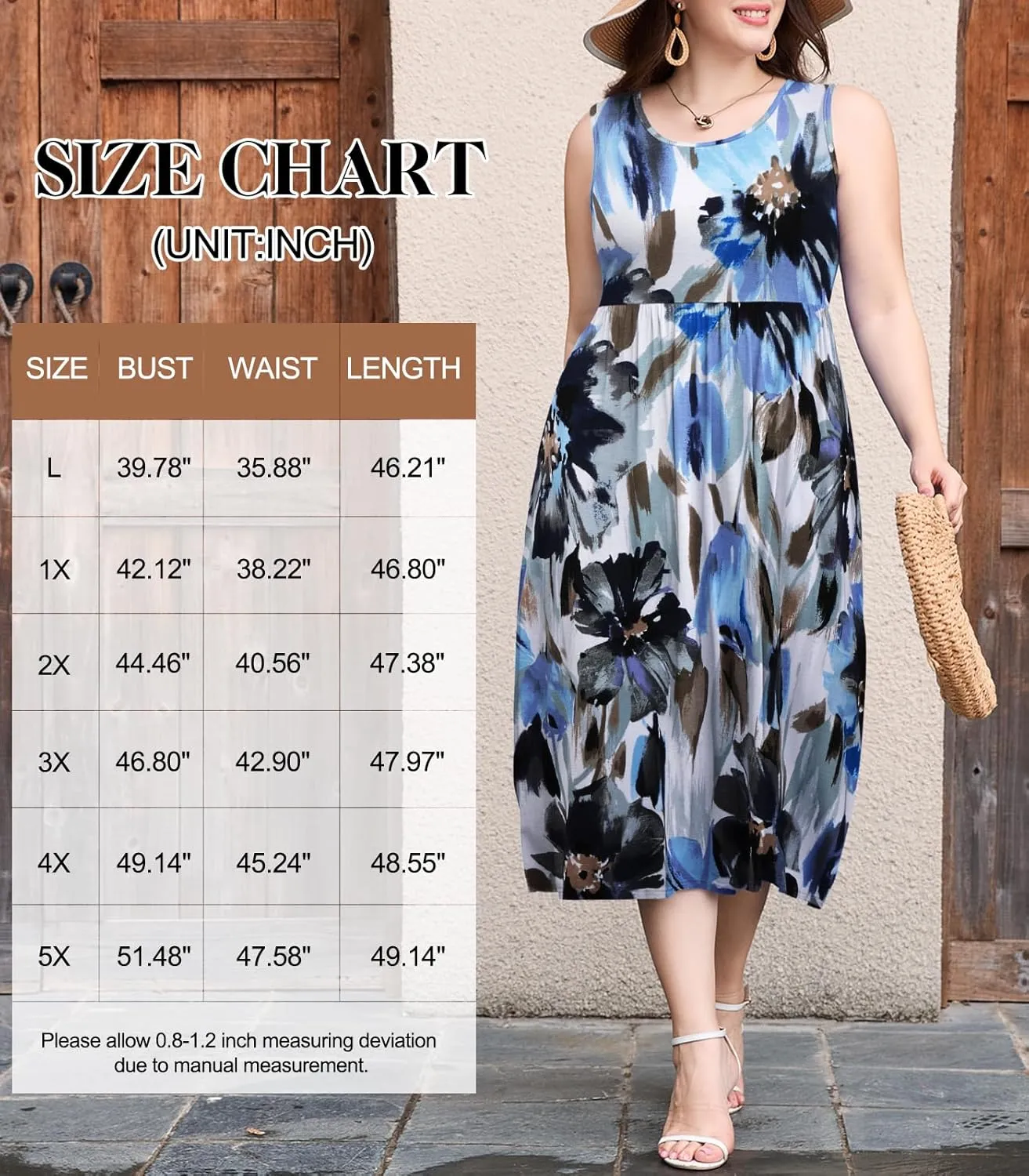 LARACE Women's Plus Size Sleeveless Maxi Dress Casual Crew Neck Pleated Flowy Long Dresses with Pockets L-5XL
