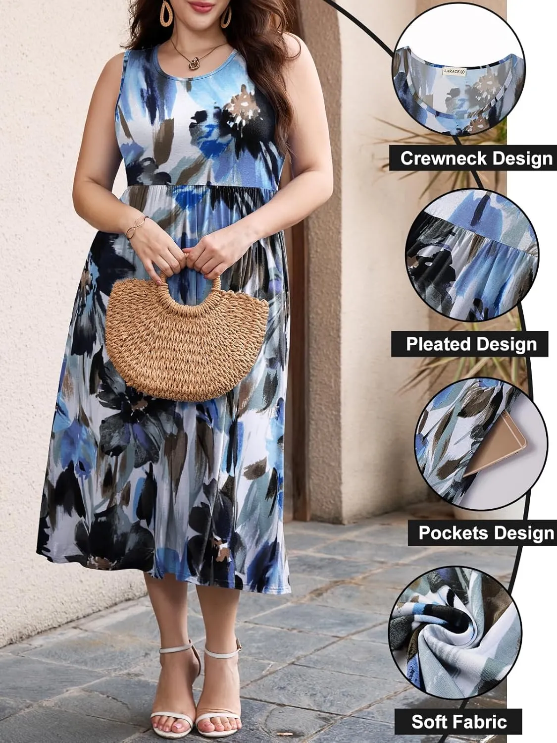 LARACE Women's Plus Size Sleeveless Maxi Dress Casual Crew Neck Pleated Flowy Long Dresses with Pockets L-5XL
