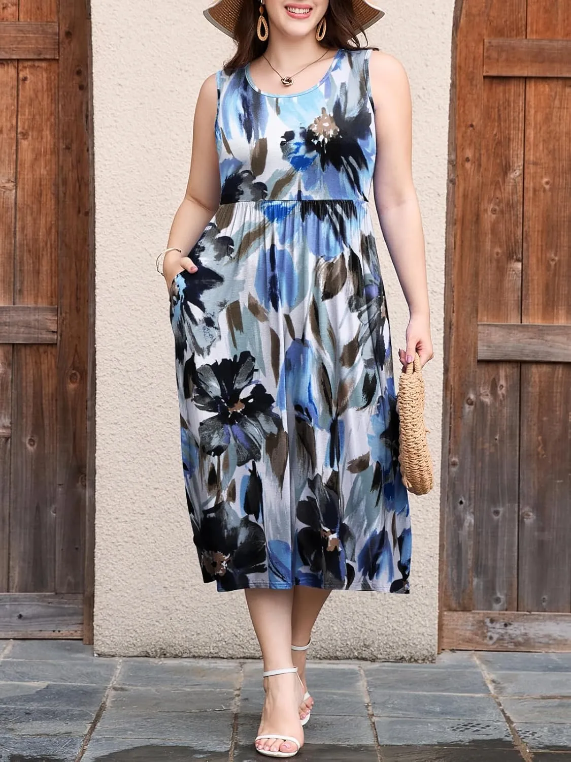 LARACE Women's Plus Size Sleeveless Maxi Dress Casual Crew Neck Pleated Flowy Long Dresses with Pockets L-5XL