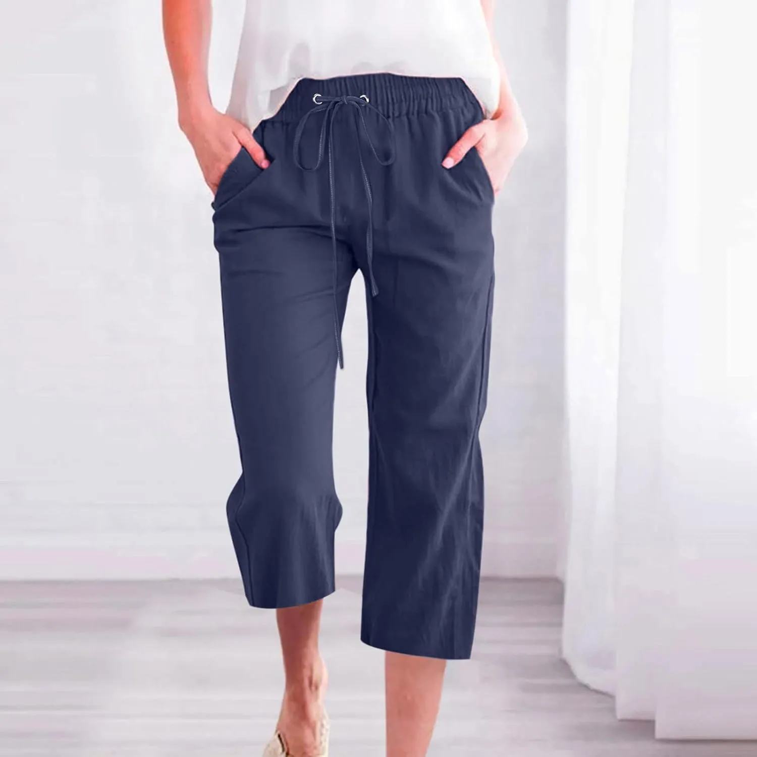 LFEOOST Capri Pants for Women Plus Size Casual Summer Linen Pants Drawstring High Waist Straight Wide Leg Trousers Pockets