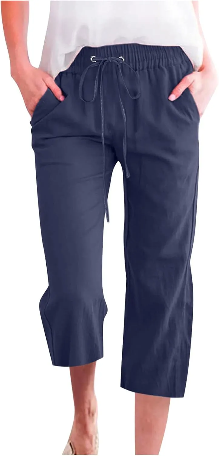 LFEOOST Capri Pants for Women Plus Size Casual Summer Linen Pants Drawstring High Waist Straight Wide Leg Trousers Pockets