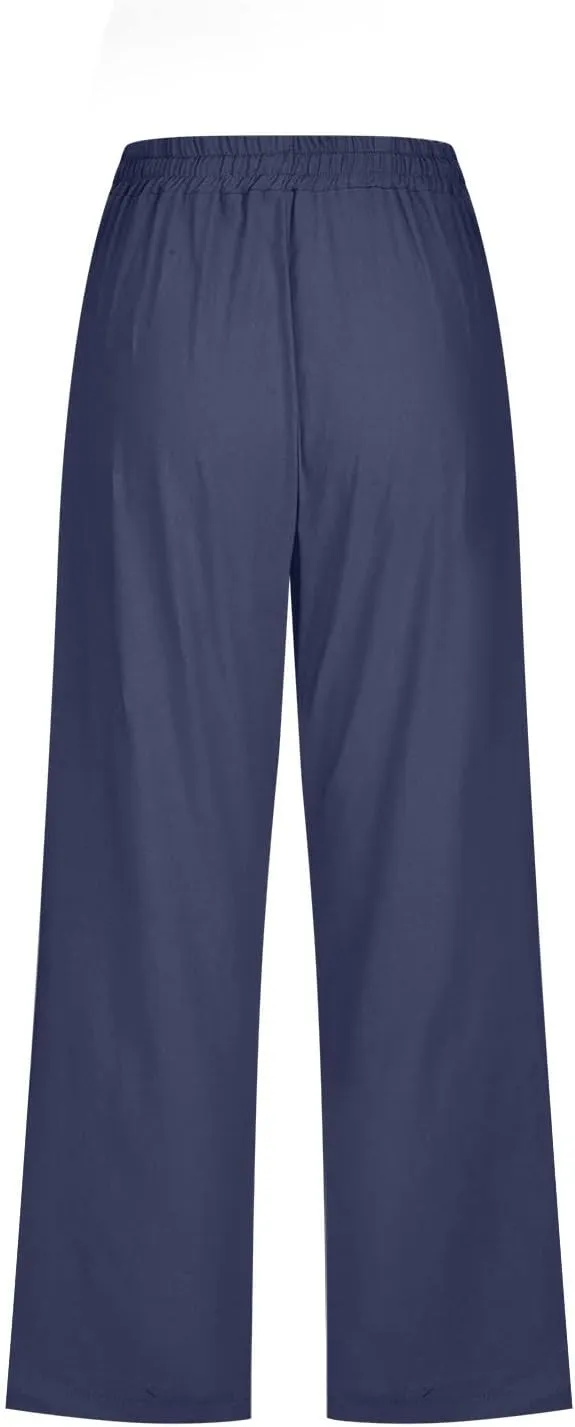 LFEOOST Capri Pants for Women Plus Size Casual Summer Linen Pants Drawstring High Waist Straight Wide Leg Trousers Pockets
