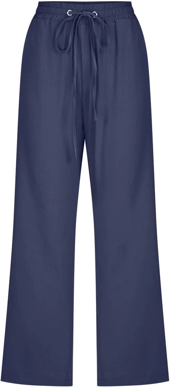 LFEOOST Capri Pants for Women Plus Size Casual Summer Linen Pants Drawstring High Waist Straight Wide Leg Trousers Pockets
