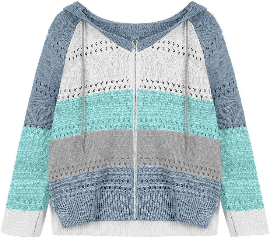 LFEOOST Women Long Sleeve Zip Up Hoodies Color Block Striped Casual V Neck Knit Pullover Sweater Loose Lightweight Sweatshirt