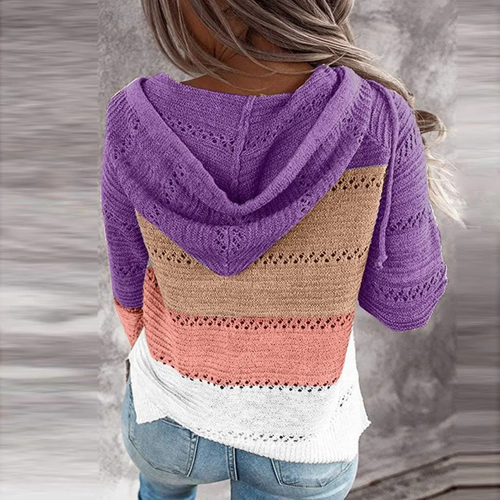 LFEOOST Women Long Sleeve Zip Up Hoodies Color Block Striped Casual V Neck Knit Pullover Sweater Loose Lightweight Sweatshirt