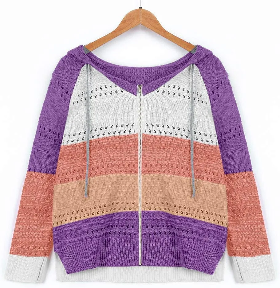 LFEOOST Women Long Sleeve Zip Up Hoodies Color Block Striped Casual V Neck Knit Pullover Sweater Loose Lightweight Sweatshirt