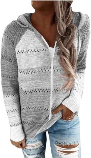 LFEOOST Women Long Sleeve Zip Up Hoodies Color Block Striped Casual V Neck Knit Pullover Sweater Loose Lightweight Sweatshirt