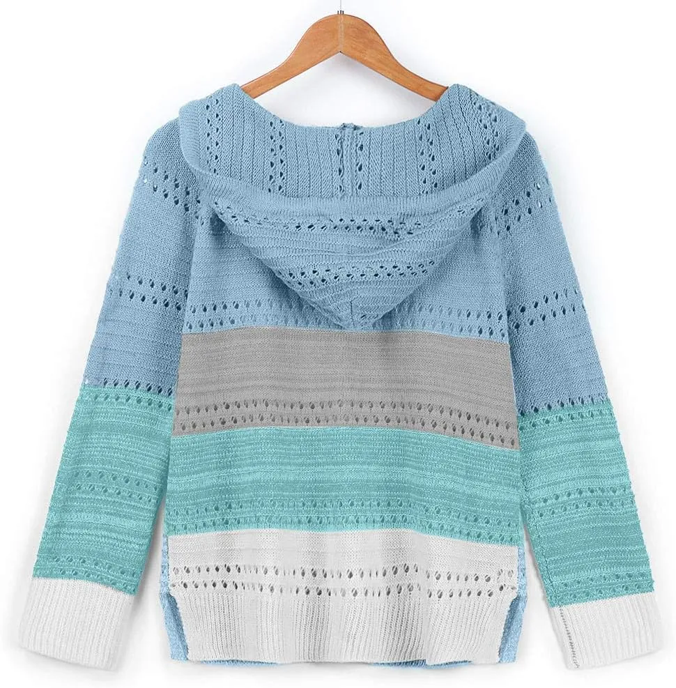 LFEOOST Women Long Sleeve Zip Up Hoodies Color Block Striped Casual V Neck Knit Pullover Sweater Loose Lightweight Sweatshirt
