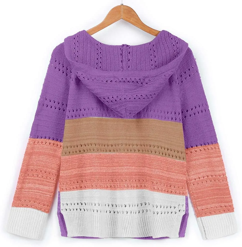 LFEOOST Women Long Sleeve Zip Up Hoodies Color Block Striped Casual V Neck Knit Pullover Sweater Loose Lightweight Sweatshirt