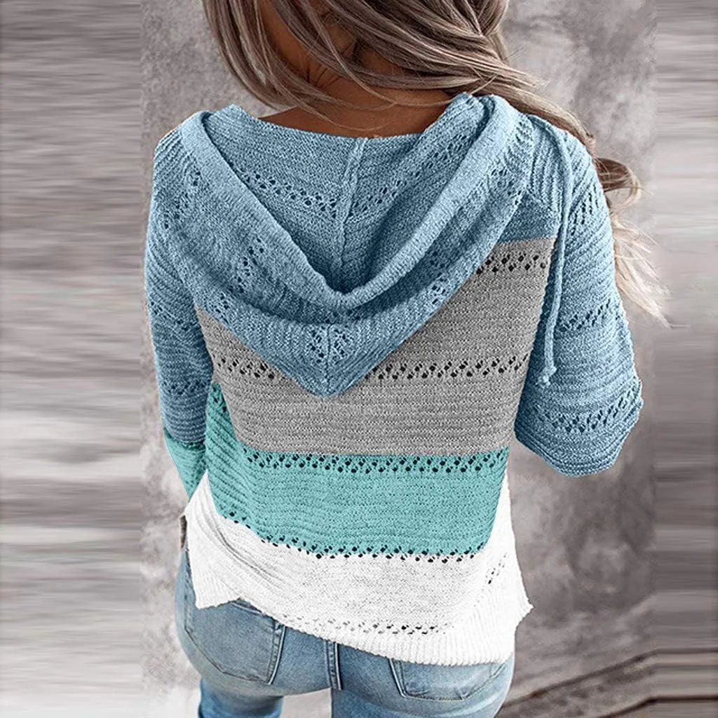 LFEOOST Women Long Sleeve Zip Up Hoodies Color Block Striped Casual V Neck Knit Pullover Sweater Loose Lightweight Sweatshirt