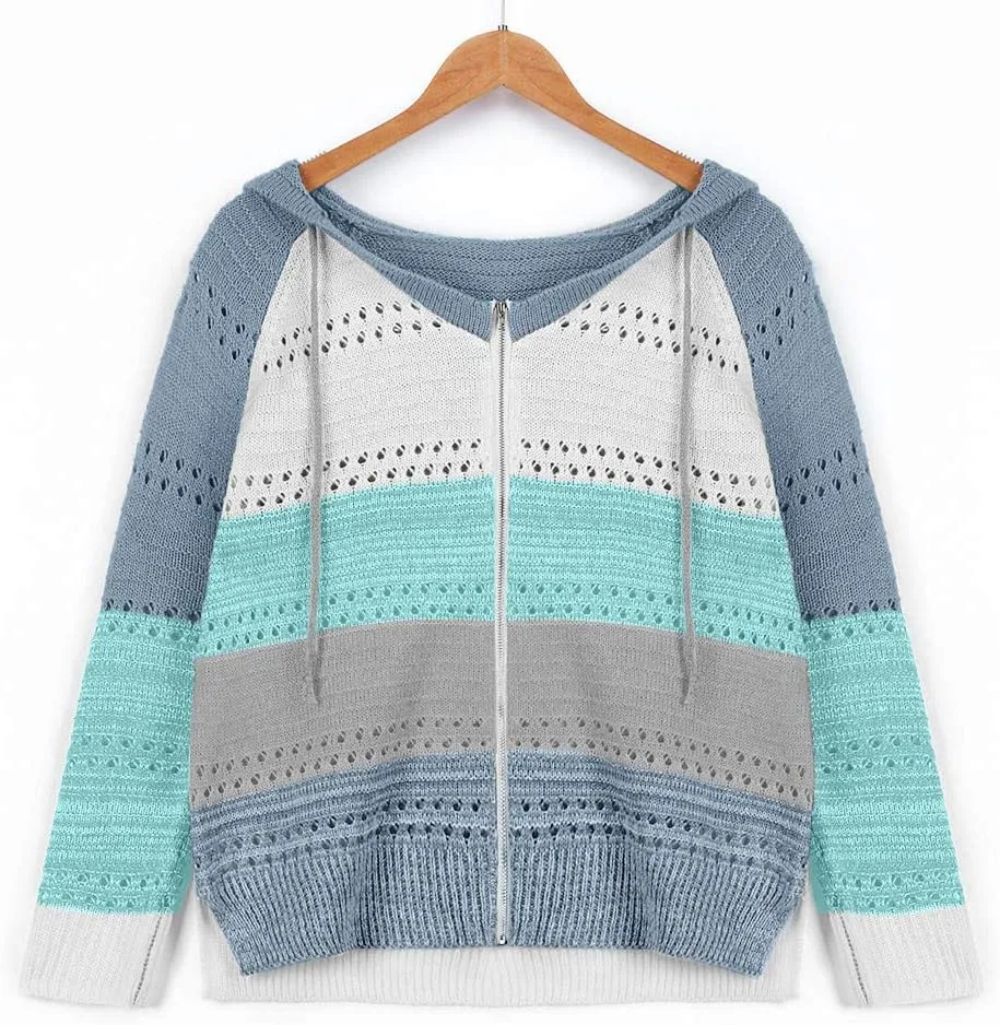LFEOOST Women Long Sleeve Zip Up Hoodies Color Block Striped Casual V Neck Knit Pullover Sweater Loose Lightweight Sweatshirt