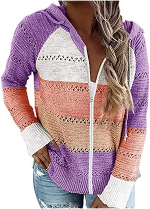 LFEOOST Women Long Sleeve Zip Up Hoodies Color Block Striped Casual V Neck Knit Pullover Sweater Loose Lightweight Sweatshirt