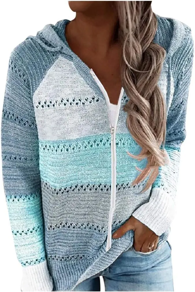 LFEOOST Women Long Sleeve Zip Up Hoodies Color Block Striped Casual V Neck Knit Pullover Sweater Loose Lightweight Sweatshirt