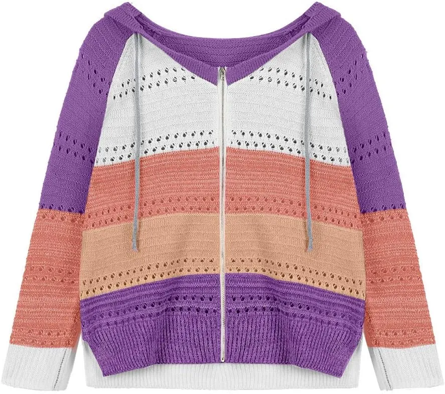 LFEOOST Women Long Sleeve Zip Up Hoodies Color Block Striped Casual V Neck Knit Pullover Sweater Loose Lightweight Sweatshirt