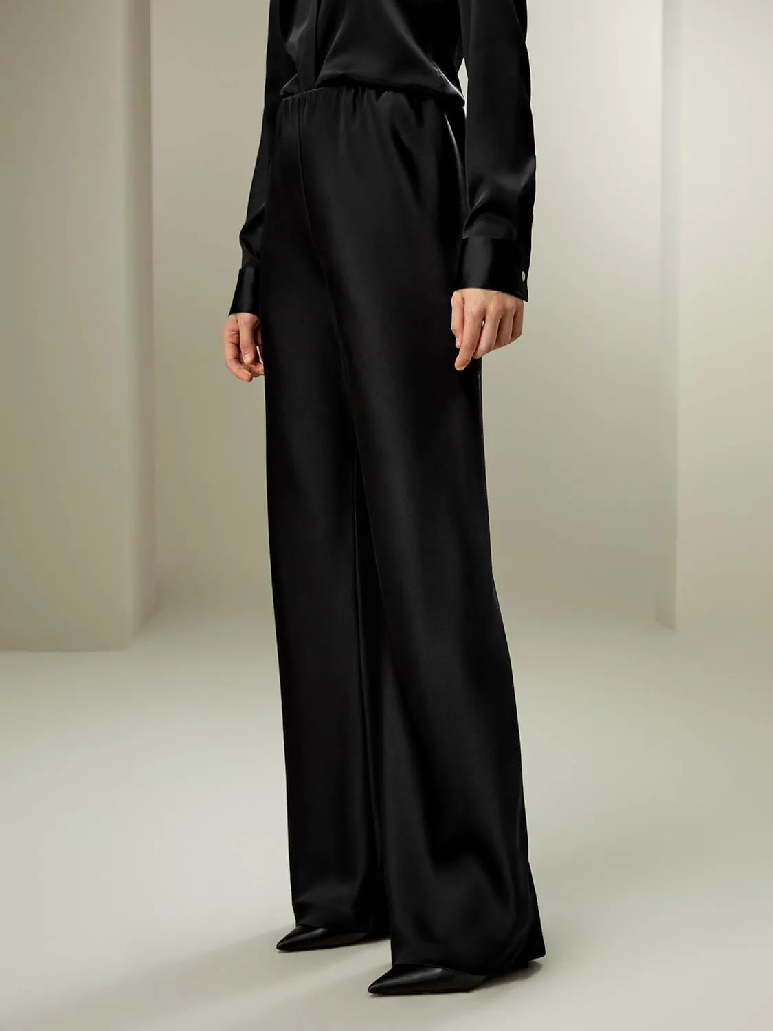 LilySilk Double-Faced Silk Charmeuse Pants for Women Dressy Oversized Wide Leg Full Length Draped Silk Trousers