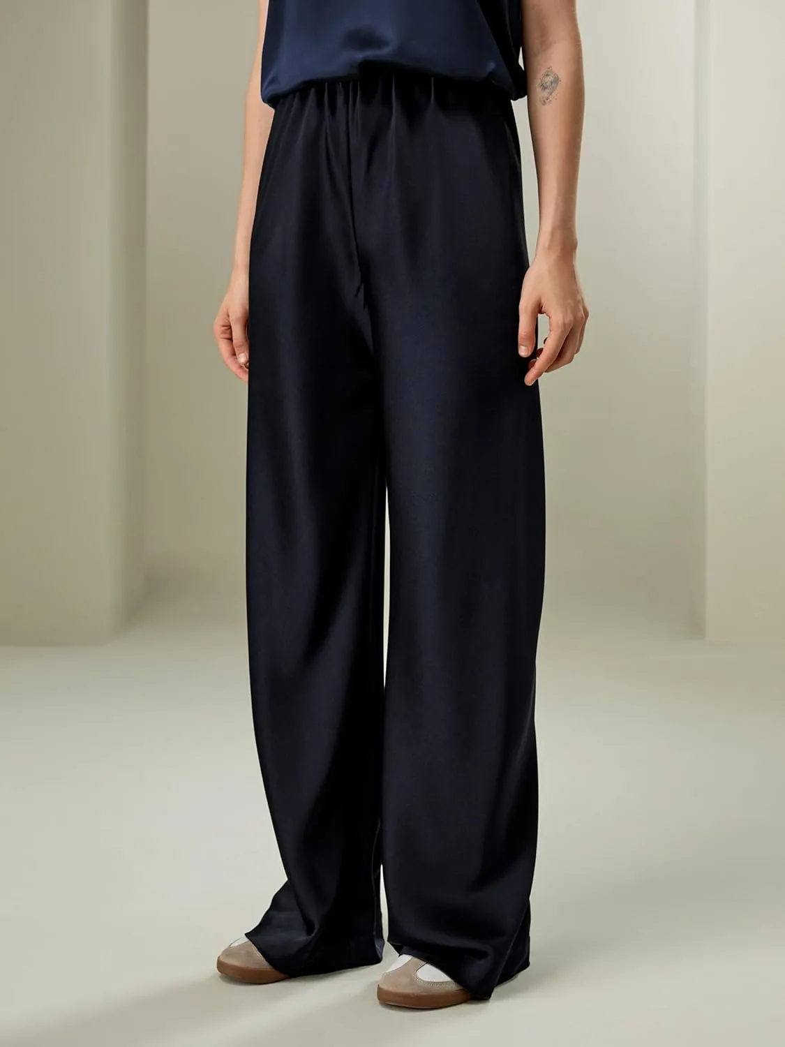 LilySilk Double-Faced Silk Charmeuse Pants for Women Dressy Oversized Wide Leg Full Length Draped Silk Trousers