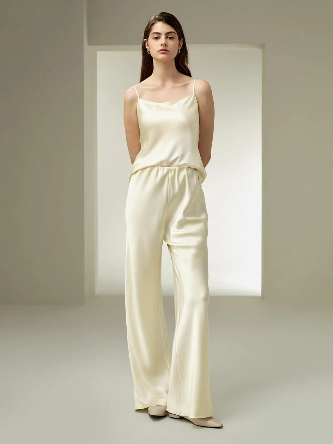 LilySilk Double-Faced Silk Charmeuse Pants for Women Dressy Oversized Wide Leg Full Length Draped Silk Trousers