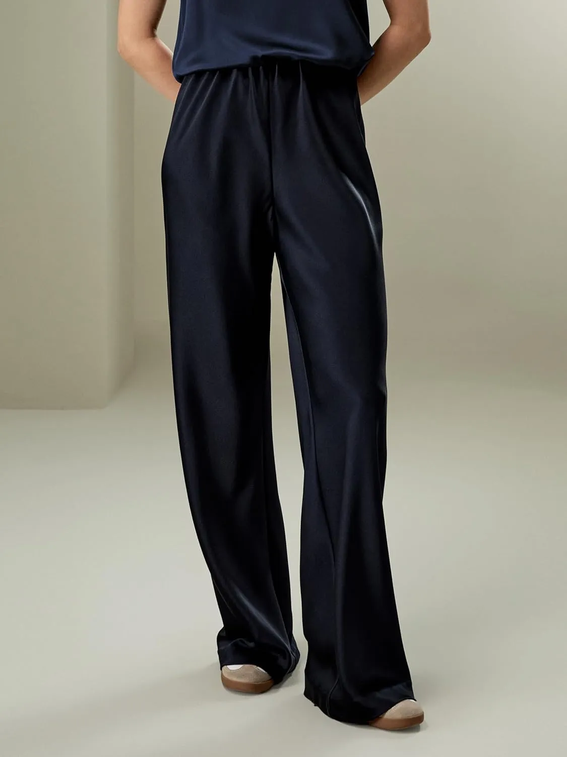 LilySilk Double-Faced Silk Charmeuse Pants for Women Dressy Oversized Wide Leg Full Length Draped Silk Trousers