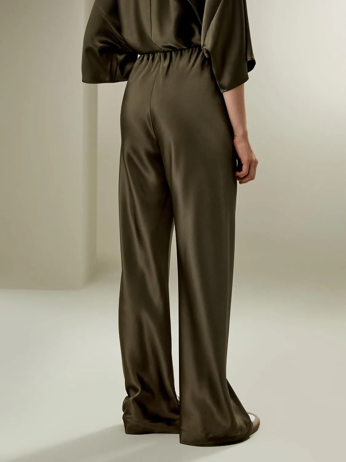 LilySilk Double-Faced Silk Charmeuse Pants for Women Dressy Oversized Wide Leg Full Length Draped Silk Trousers