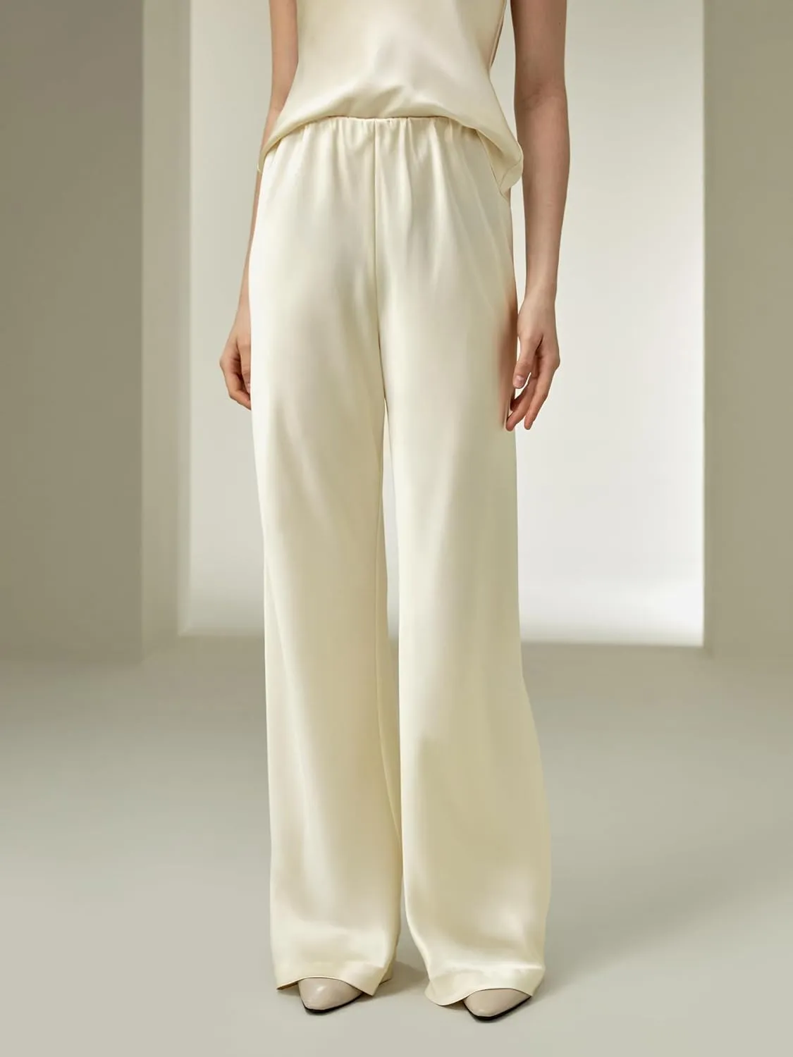 LilySilk Double-Faced Silk Charmeuse Pants for Women Dressy Oversized Wide Leg Full Length Draped Silk Trousers