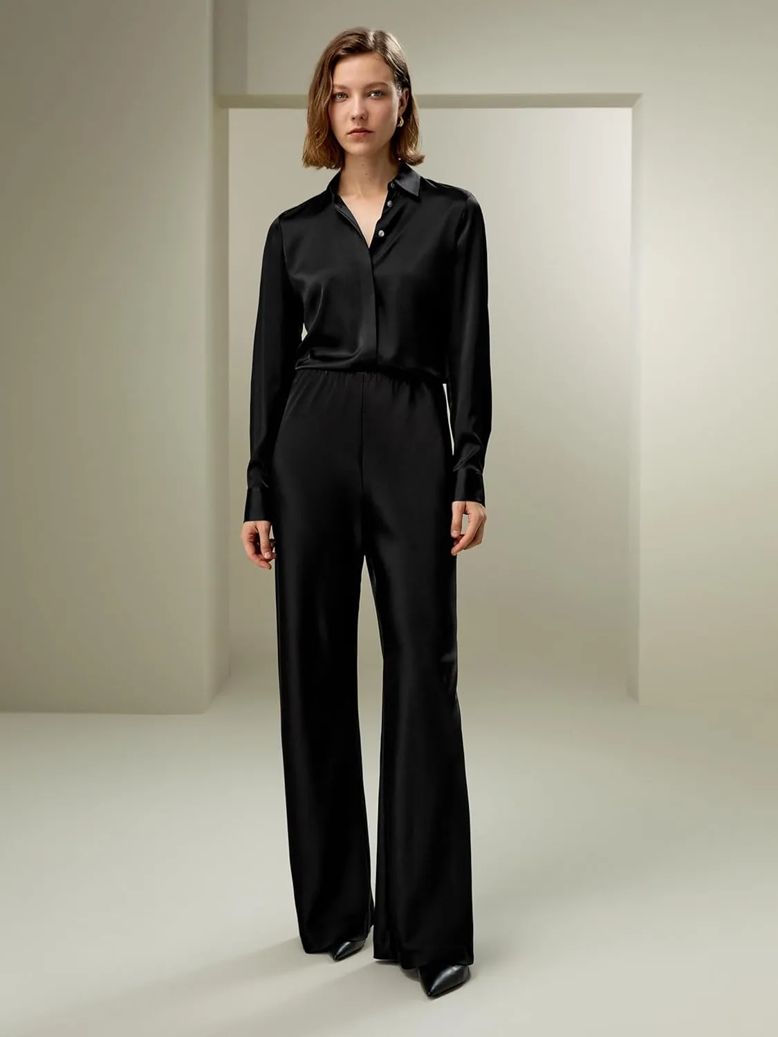 LilySilk Double-Faced Silk Charmeuse Pants for Women Dressy Oversized Wide Leg Full Length Draped Silk Trousers