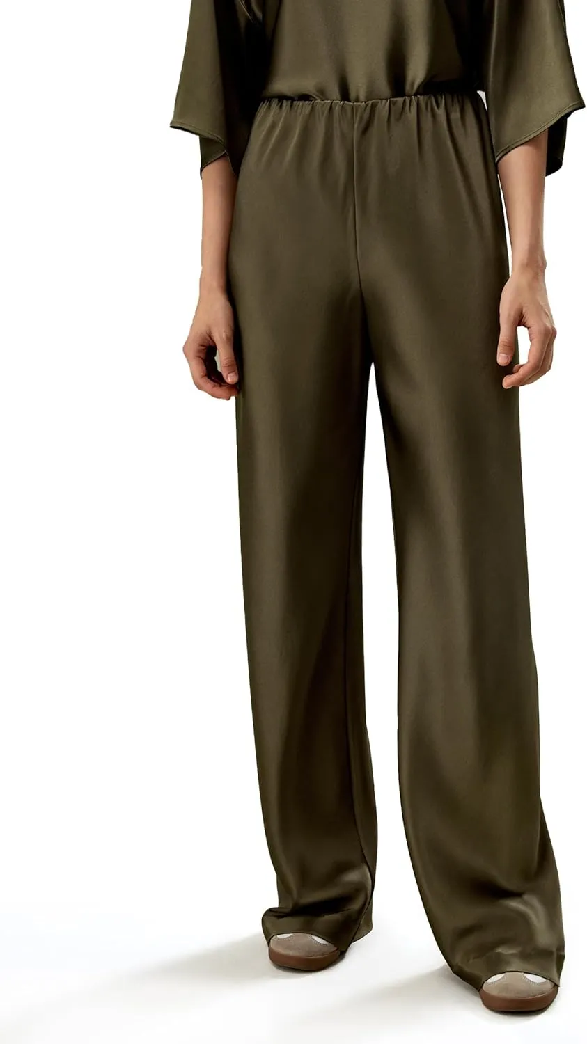 LilySilk Double-Faced Silk Charmeuse Pants for Women Dressy Oversized Wide Leg Full Length Draped Silk Trousers