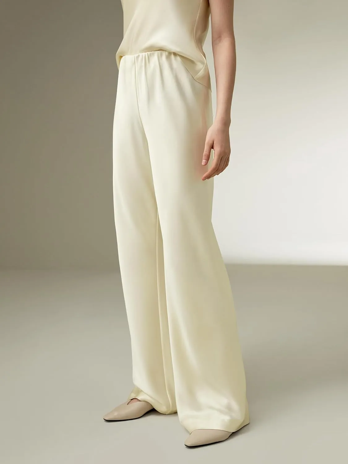 LilySilk Double-Faced Silk Charmeuse Pants for Women Dressy Oversized Wide Leg Full Length Draped Silk Trousers