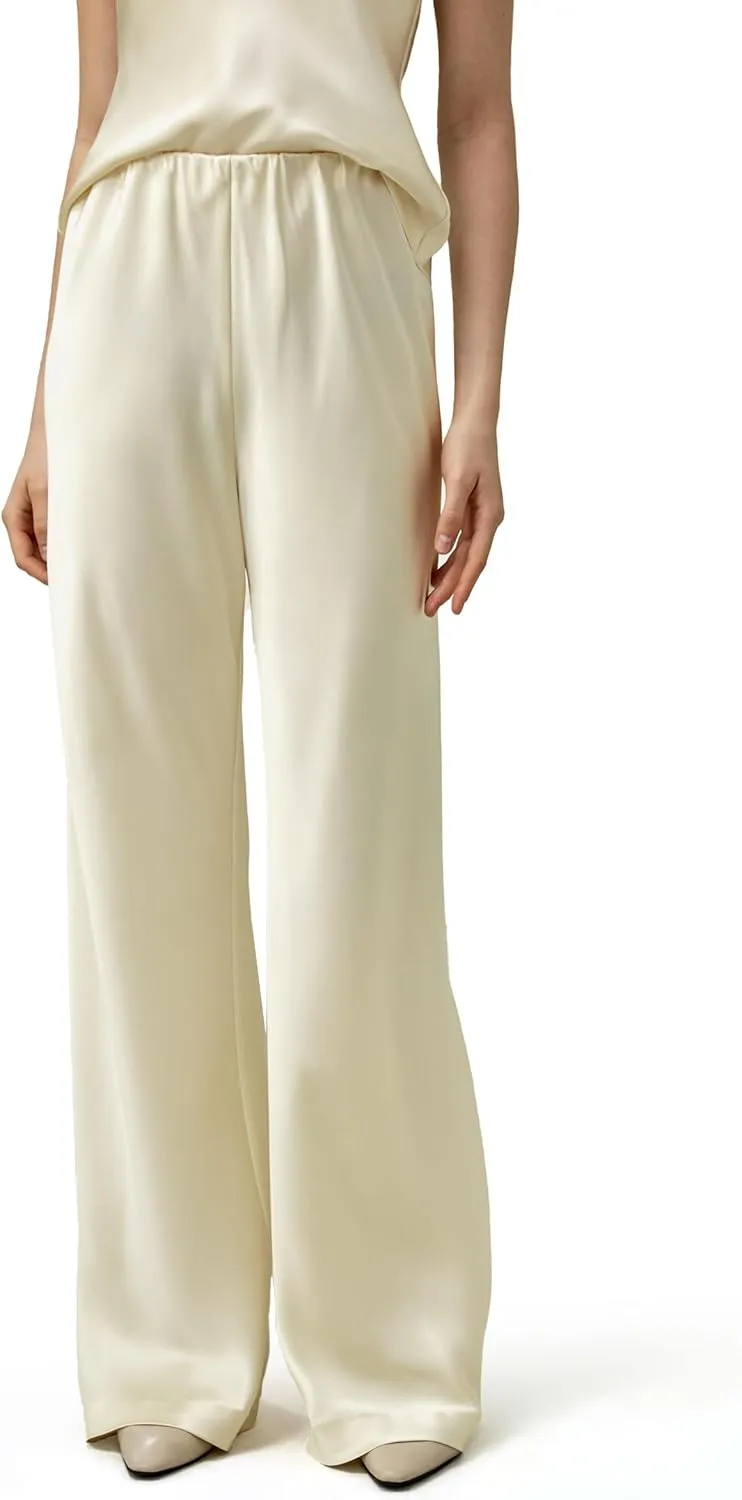 LilySilk Double-Faced Silk Charmeuse Pants for Women Dressy Oversized Wide Leg Full Length Draped Silk Trousers