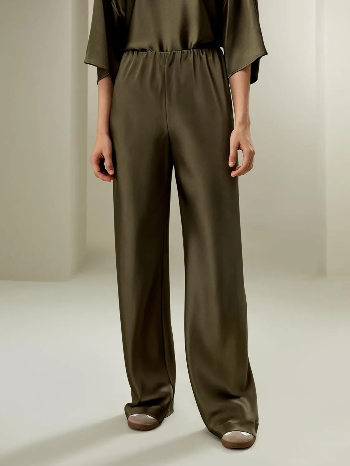 LilySilk Double-Faced Silk Charmeuse Pants for Women Dressy Oversized Wide Leg Full Length Draped Silk Trousers